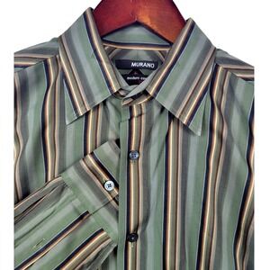 Murano Modern Comfort‎ Green Striped Long Sleeve Button Up Shirt Men's